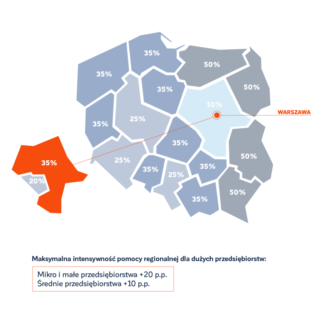 Intensywność pomocy publicznej w Polsce - mapa